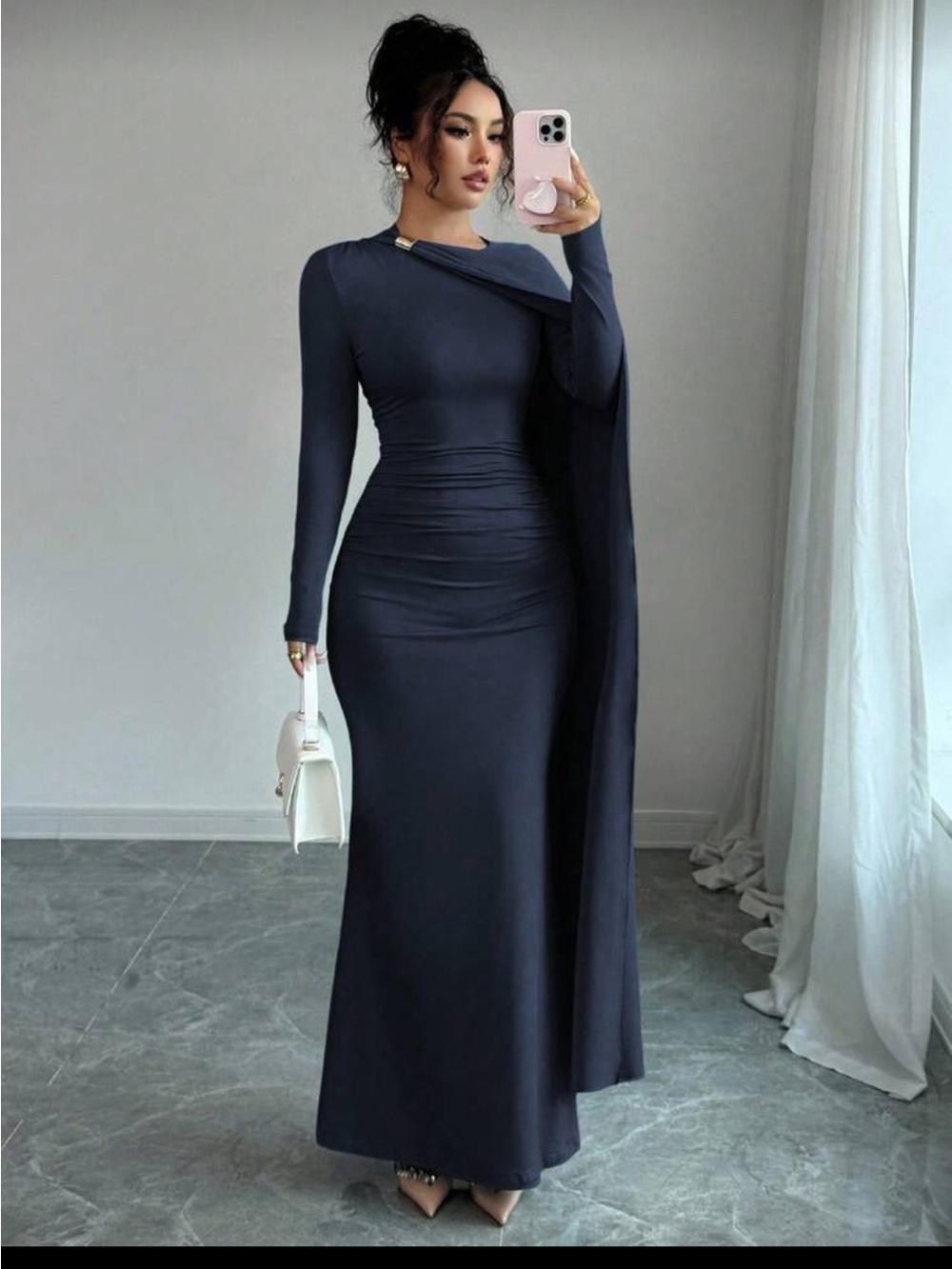 Amazon Elegant Navy Long Sleeve Maxi Dress with Draped Cape